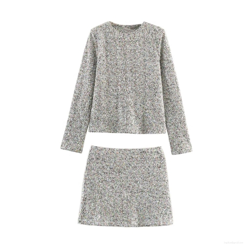 Women's Elegant Sequin Two Piece Set Long Sleeve Round Neck Top And Mini A-Line Skirt Multicolor Glitter Streetwear Co-ords For Club Party Night Out