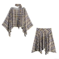 Women's Plaid Scarf Cloak Top and Irregular Midi Skirt Two Piece Set Polyester Streetwear Autumn Outfits for Women