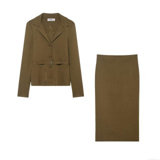 Women's Autumn Winter Knit Skirt Set Polyester Knitted Single Breasted Cardigan Sweater With Belt And High Waist Midi Pencil Skirt Two Piece Outfits For Office Daily Casual