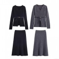 Women's Knitted 2-Piece Skirt Set V-Neck Long Sleeve Polyester Top With Belt And A-Line Midi Slit Skirt Elegant Autumn Winter Streetwear Outfit
