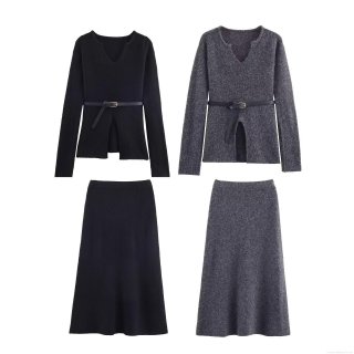 Women's Knitted 2-Piece Skirt Set V-Neck Long Sleeve Polyester Top With Belt And A-Line Midi Slit Skirt Elegant Autumn Winter Streetwear Outfit