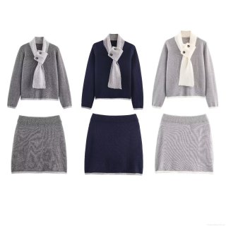 Women's 2-Piece Knitted Skirt Set With Removable Scarf Decoration Contrast Color Long Sleeve Pullover Sweater And Slim Mini Skirt Casual Streetwear Autumn Winter Clothing