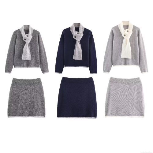 Women's 2-Piece Knitted Skirt Set With Removable Scarf Decoration Contrast Color Long Sleeve Pullover Sweater And Slim Mini Skirt Casual Streetwear Autumn Winter Clothing