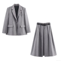 Women's 2-Piece Suit Set Grey Single-Breasted Blazer Jacket and Pleated Midi Skirt with Belt Elegant Office Lady Commute Streetwear Solid Color Polyester Woven Outfit Autumn Winter
