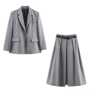 Women's 2-Piece Suit Set Grey Single-Breasted Blazer Jacket and Pleated Midi Skirt with Belt Elegant Office Lady Commute Streetwear Solid Color Polyester Woven Outfit Autumn Winter
