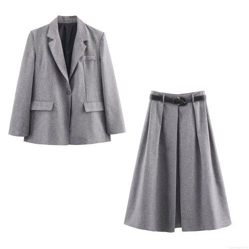 Women's 2-Piece Suit Set Grey Single-Breasted Blazer Jacket and Pleated Midi Skirt with Belt Elegant Office Lady Commute Streetwear Solid Color Polyester Woven Outfit Autumn Winter