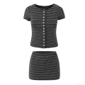 Women's Striped 2 Piece Knit Outfit Set Button Down Short Sleeve Round Neck Top And Bodycon Mini Skirt Viscose Lyocell Blend Casual Streetwear Suit