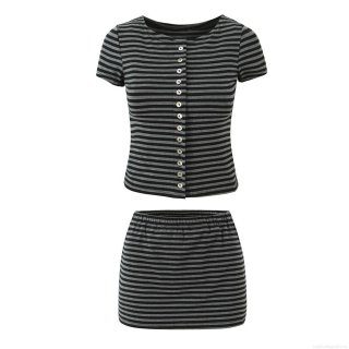 Women's Striped 2 Piece Knit Outfit Set Button Down Short Sleeve Round Neck Top And Bodycon Mini Skirt Viscose Lyocell Blend Casual Streetwear Suit