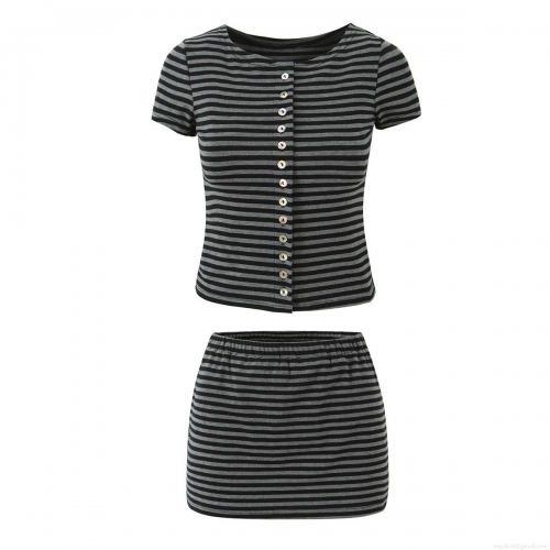 Women's Striped 2 Piece Knit Outfit Set Button Down Short Sleeve Round Neck Top And Bodycon Mini Skirt Viscose Lyocell Blend Casual Streetwear Suit