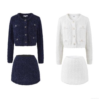Elegant Women's Two Piece Tweed Skirt Set Luxury Boucle Round Neck Long Sleeve Crop Jacket and Bodycon Mini Skirt Suit With Metal Buttons For Autumn