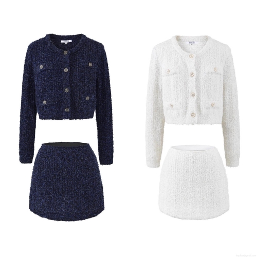 Elegant Women's Two Piece Tweed Skirt Set Luxury Boucle Round Neck Long Sleeve Crop Jacket and Bodycon Mini Skirt Suit With Metal Buttons For Autumn