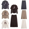 Women Elegant Knit Skirt Set 2-Piece Outfits Cape Poncho Top With Silk Scarf Decor High Waist Midi A-Line Skirt Autumn Winter Casual Suits