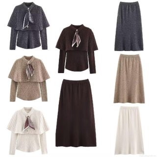 Women Elegant Knit Skirt Set 2-Piece Outfits Cape Poncho Top With Silk Scarf Decor High Waist Midi A-Line Skirt Autumn Winter Casual Suits