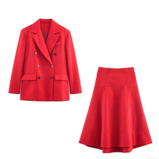 Women's Elegant Red Two Piece Skirt Set Double Breasted Blazer Jacket And A-Line Midi Skirt Polyester Office Lady Workwear Outfits