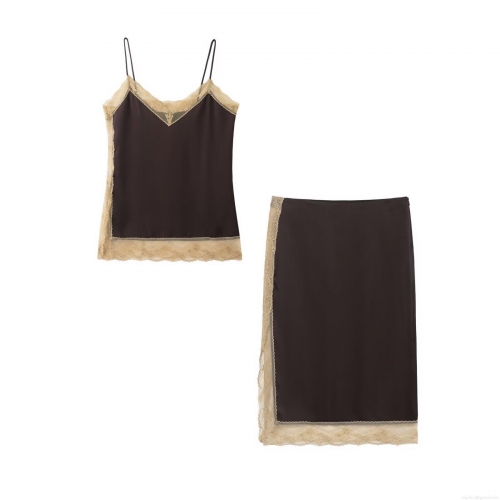 Women Sexy Satin Lace Patchwork Set V-Neck Cami Top And A-Line Midi Skirt Two Piece Outfits For Streetwear Party Summer Elegant Dark Brown Clubwear