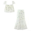 Women's 2 Piece Skirt Set Tencel Polyester Blend Floral Embroidery Lace Stitching Square Neck Puff Sleeve Crop Top and High Waist A-Line Long Skirt Cottagecore Sweet Summer Vacation Outfit