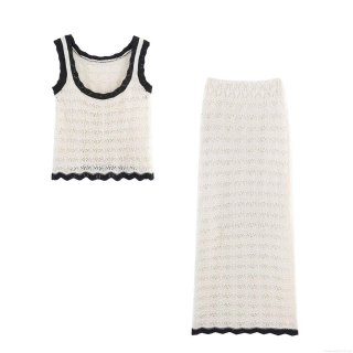 Women's Two-Piece Knit Skirt Set Contrast Scalloped Trim Crochet Vest And Maxi Skirt Set Hollow Out Polyester Co-ords For Summer Vacation Streetwear