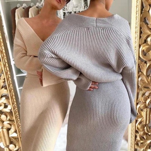 Women's 2-Piece Ribbed Knit Skirt Set Long Sleeve V-Neck Crop Top High Waist Bodycon Midi Skirt Casual Solid Color Slim Fit Streetwear Fashion Outfit