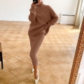 Women's 2 Piece Knit Outfits Ribbed Turtleneck Oversized Sweater And Midi Skirt Set Warm Casual Elegant Long Sleeve Skirt Suits For Fall Winter