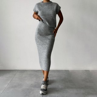 Women's Knit Two Piece Skirt Set Minimalist Round Neck Short Sleeve Top And High Waist Ribbed Bodycon Midi Skirt Acrylic Polyester Blend Outfits Streetwear