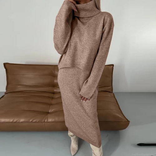 Women's Two-Piece Knit Set Solid Color High Collar Turtleneck Sweater And Sleeveless Long Dress Slim Fit Knitted Outfits For Autumn Winter