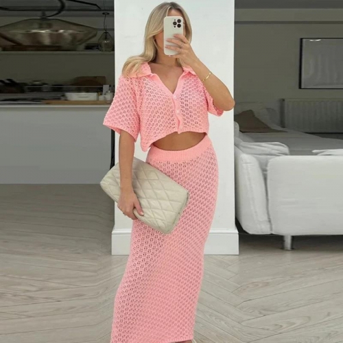 Women's 2-Piece Knitted Crochet Skirt Set Elegant V-Neck Short Sleeve Cardigan Button Up Top And High Waist Bodycon Long Skirt Casual Commuting Summer Outfit