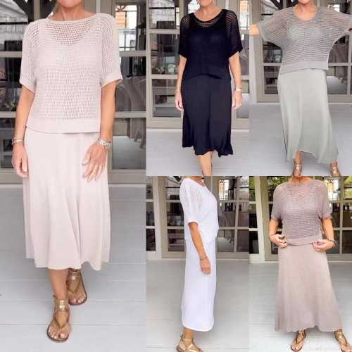 Women's 2 Piece Knitted Dress Set Crochet Hollow Out Short Sleeve Top and Midi Pencil Skirt Casual Solid Color Summer Knitwear Outfit