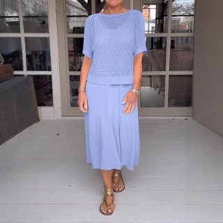 Women's 2 Piece Knit Dress Set Hollow Out Crochet Round Neck Short Sleeve Top and Sleeveless Maxi Dress Elegant Casual Solid Color Knitwear Outfit