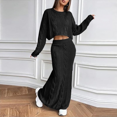 Women's 2 Piece Cable Knit Sweater Skirt Set Long Sleeve Round Neck Crop Top And High Waist Bodycon Maxi Skirt Outfits For Casual Streetwear