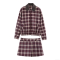 Vintage Red Plaid Women's Two-Piece Set Long Sleeve Zipper Jacket With Brown Leather Collar And Matching High Waist Pleated Skort Retro Academy Style Autumn Winter Outfits