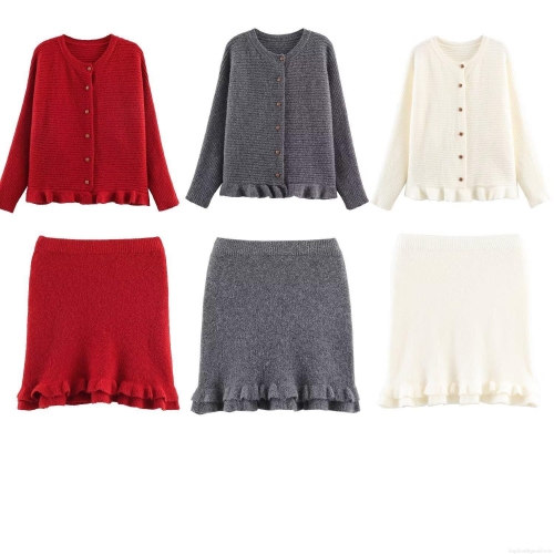 Women Knitted Skirt Set Long Sleeve Cardigan With Wood Buttons Ruffle Hem Solid Color Autumn Winter Polyester Outfits For Elegant Ladies