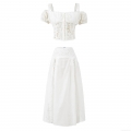 Women's 3-Piece Skirt Set Elegant White Cotton Lace Patchwork Puff Sleeve T-Shirt Camisole And High Waist Mid-Length Skirt For Casual Party Sweet Style