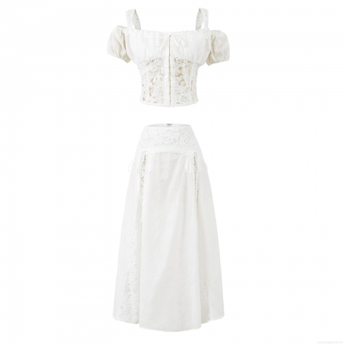 Women's 3-Piece Skirt Set Elegant White Cotton Lace Patchwork Puff Sleeve T-Shirt Camisole And High Waist Mid-Length Skirt For Casual Party Sweet Style