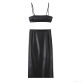 Sexy Women's Faux Leather Two-Piece Set Sleeveless Backless Crop Cami Top And High Waist Stitching Midi Skirt Co-ord Club Party Outfit Night Out Set