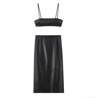Sexy Women's Faux Leather Two-Piece Set Sleeveless Backless Crop Cami Top And High Waist Stitching Midi Skirt Co-ord Club Party Outfit Night Out Set