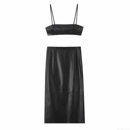 Sexy Women's Faux Leather Two-Piece Set Sleeveless Backless Crop Cami Top And High Waist Stitching Midi Skirt Co-ord Club Party Outfit Night Out Set