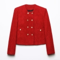 Elegant Red Tweed Two Piece Set for Women Double Breasted Golden Lion Button Long Sleeve Jacket Cardigan and A-Line Mini Skirt Suit Set for Commuting Party Lady