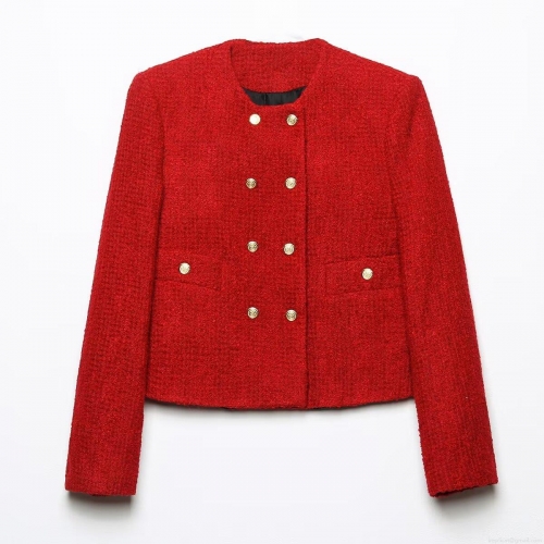 Elegant Red Tweed Two Piece Set for Women Double Breasted Golden Lion Button Long Sleeve Jacket Cardigan and A-Line Mini Skirt Suit Set for Commuting Party Lady