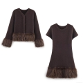 Women Autumn Faux Fur Trim Knit Cardigan Coat And Short Sleeve Midi Dress 2-Piece Set Elegant Solid Color Outfits For Women Casual Daily Wear
