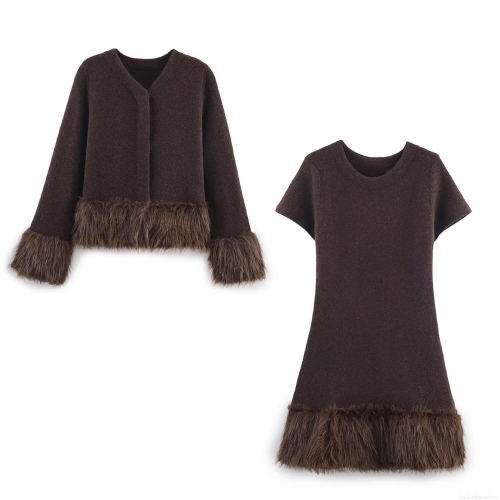 Women Autumn Faux Fur Trim Knit Cardigan Coat And Short Sleeve Midi Dress 2-Piece Set Elegant Solid Color Outfits For Women Casual Daily Wear