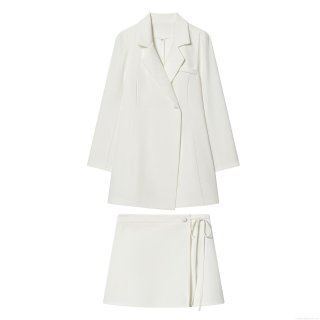 Women's Elegant Solid Color Polyester Blazer and A-Line Mini Skirt Two Piece Suit Set Office Lady Long Sleeve Outfit with Side Tie Waist