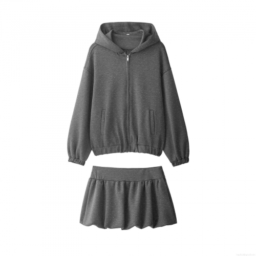 Women's Two Piece Skirt Set Polyester Sparkling Rhinestone Polka Dot Zip Up Hooded Sweatshirt And Mini Bubble Skirt Casual Fashion Daily Outfits For Women