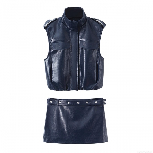 Women's Deep Blue PU Faux Leather Two Piece Set Stand Collar Vest And Rivet Mini Skirt Chic Streetwear Motor Style Outfit