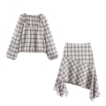 Women Plaid Two Piece Skirt Set Asymmetrical Midi Skirt And Long Sleeve Blouse Square Neck Polyester Spandex Casual Outfit For Fall Winter