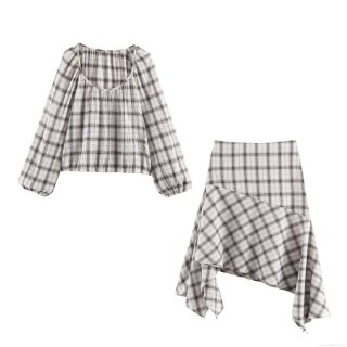 Women Plaid Two Piece Skirt Set Asymmetrical Midi Skirt And Long Sleeve Blouse Square Neck Polyester Spandex Casual Outfit For Fall Winter
