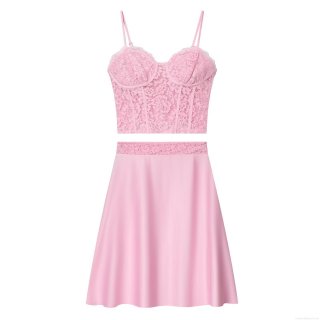Women Sexy Pink Lace Corset Camisole Top And Satin A-Line Skirt Two Piece Set Y2K Vacation Party Outfit For Ladies
