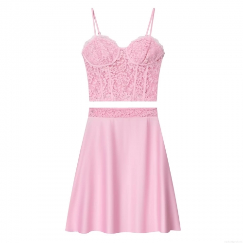 Women Sexy Pink Lace Corset Camisole Top And Satin A-Line Skirt Two Piece Set Y2K Vacation Party Outfit For Ladies
