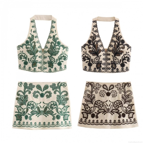 Women Vintage Floral Embroidery Halter Neck Crop Top and A-Line Mini Skirt Set Elegant Sweet Spicy Style Backless Sequin Hollow Out Summer Party Outfits