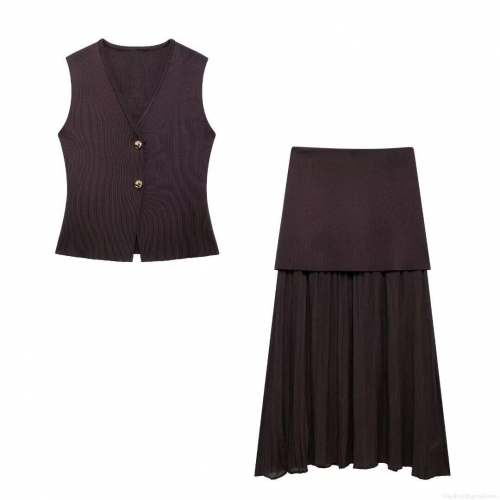 Women's Elegant 100% Polyester Knit Vest And Pleated Midi Skirt Set - Retro V-Neck Sleeveless Waistcoat And High Waist Patchwork Skirt Stylish Outfits