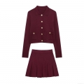 Women's Knit Two Piece Set Long Sleeve Cardigan And Pleated Mini Skirt Elegant Burgundy Mercerized Cotton Casual Wear For Autumn Winter